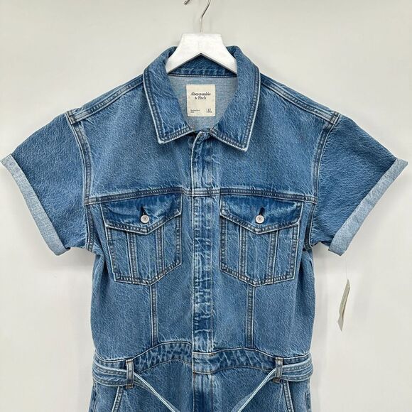Abercrombie Fitch 90s Relaxed Denim Jumpsuit Size Large Tall LT Straight Leg New - Picture 3 of 16